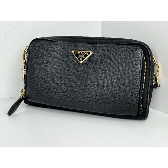 Prada Saffiano Leather Mini Double Zip Crossbody Black B-6 - Picture 1 of 16